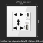 Universal 5-Pin EU UK US Wall Socket with 18W Type-C USB Fast Charging and White Glass Panel – Multi-Device Outlet for Home and Office